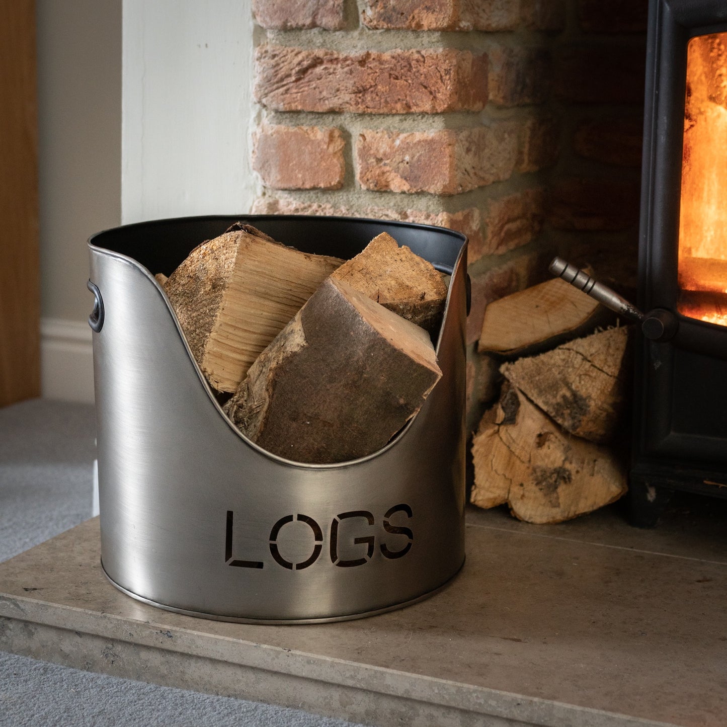 Pewter Finish Logs And Kindling Buckets & Matchstick Holder