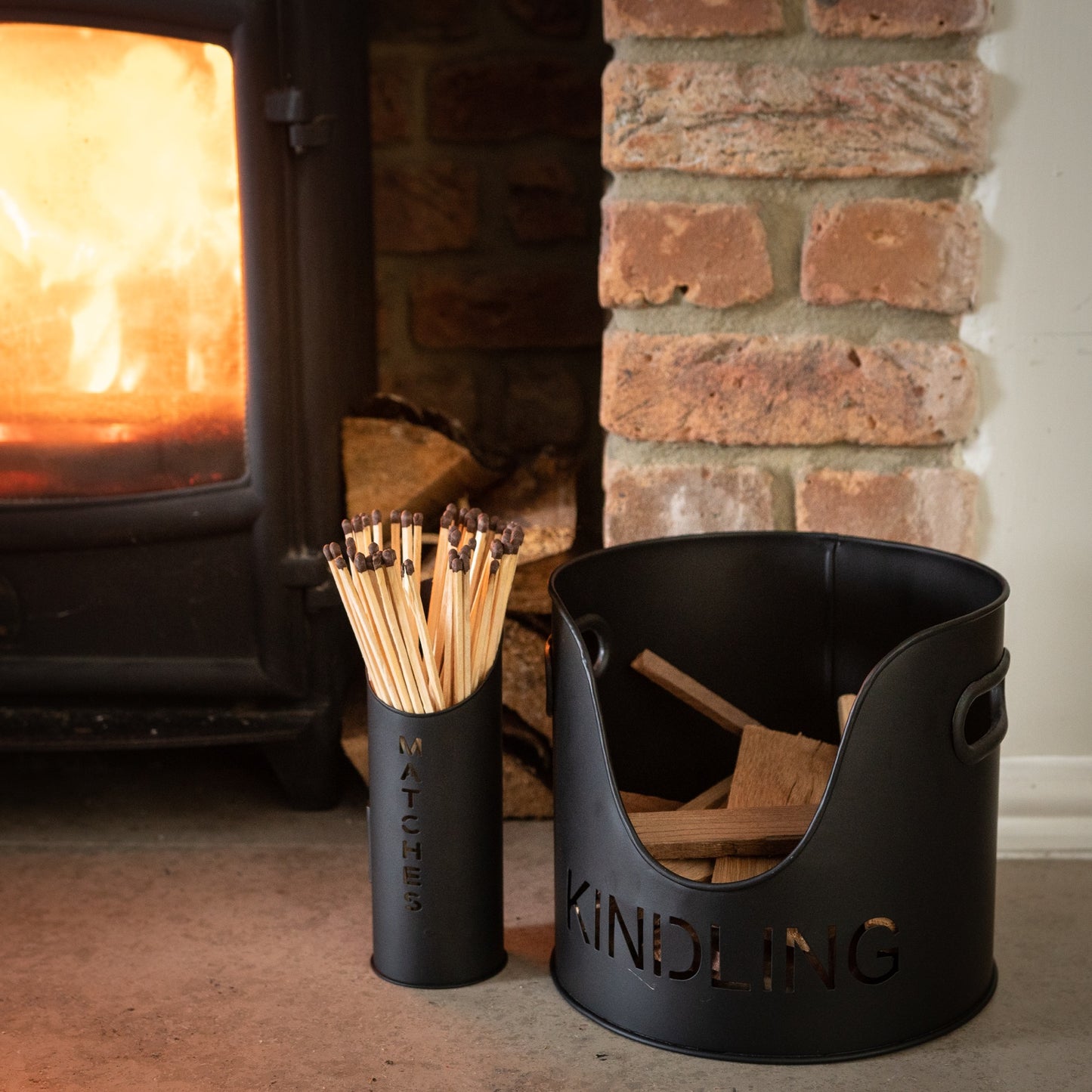 Black Finish Logs And Kindling Buckets & Matchstick Holder