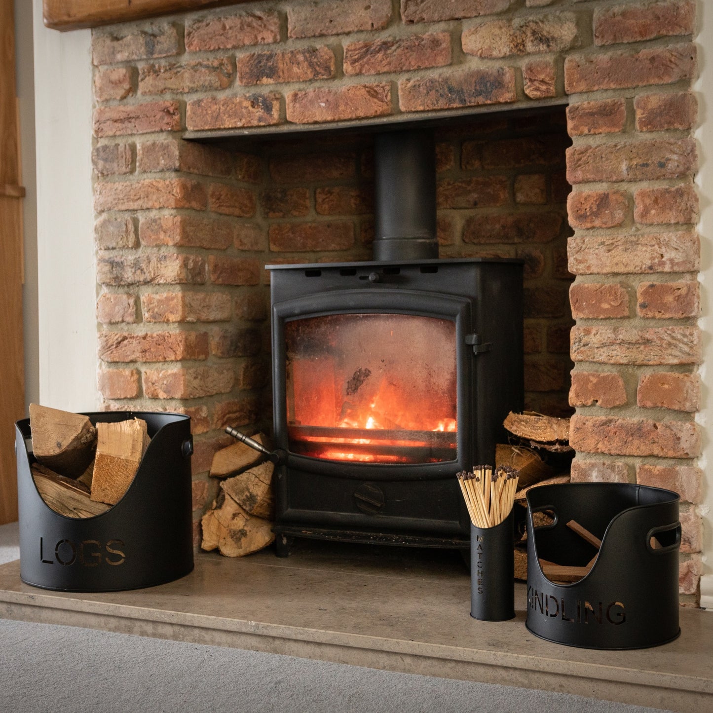 Black Finish Logs And Kindling Buckets & Matchstick Holder