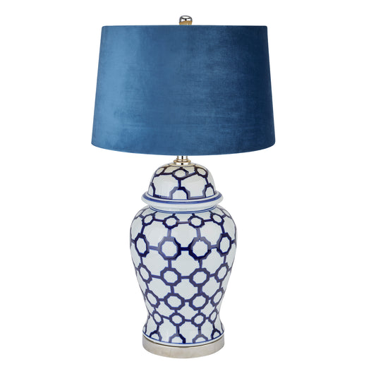 Acanthus Blue And White Ceramic Lamp With Blue Velvet Shade